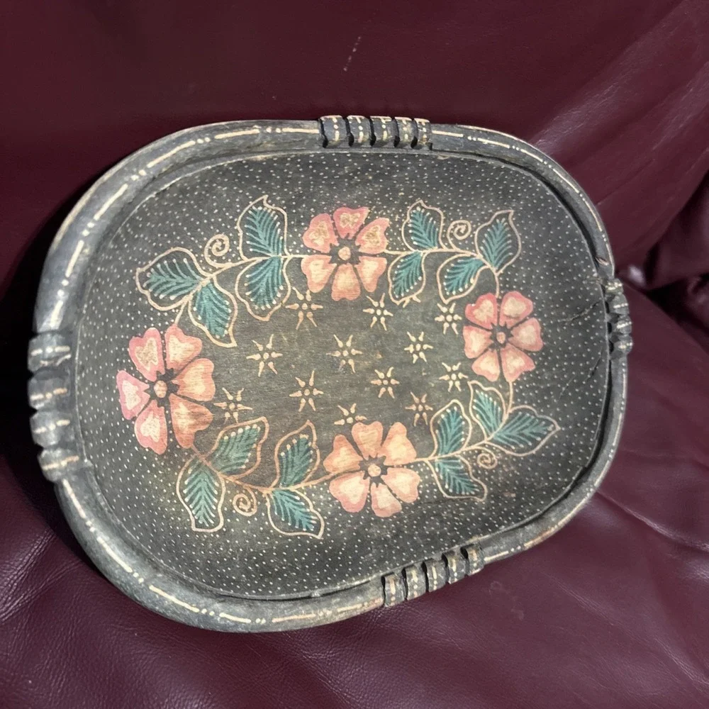 Vintage Hand Carved Wooden Bowl Floral Painted Folk Art Decorative Tray Rustic